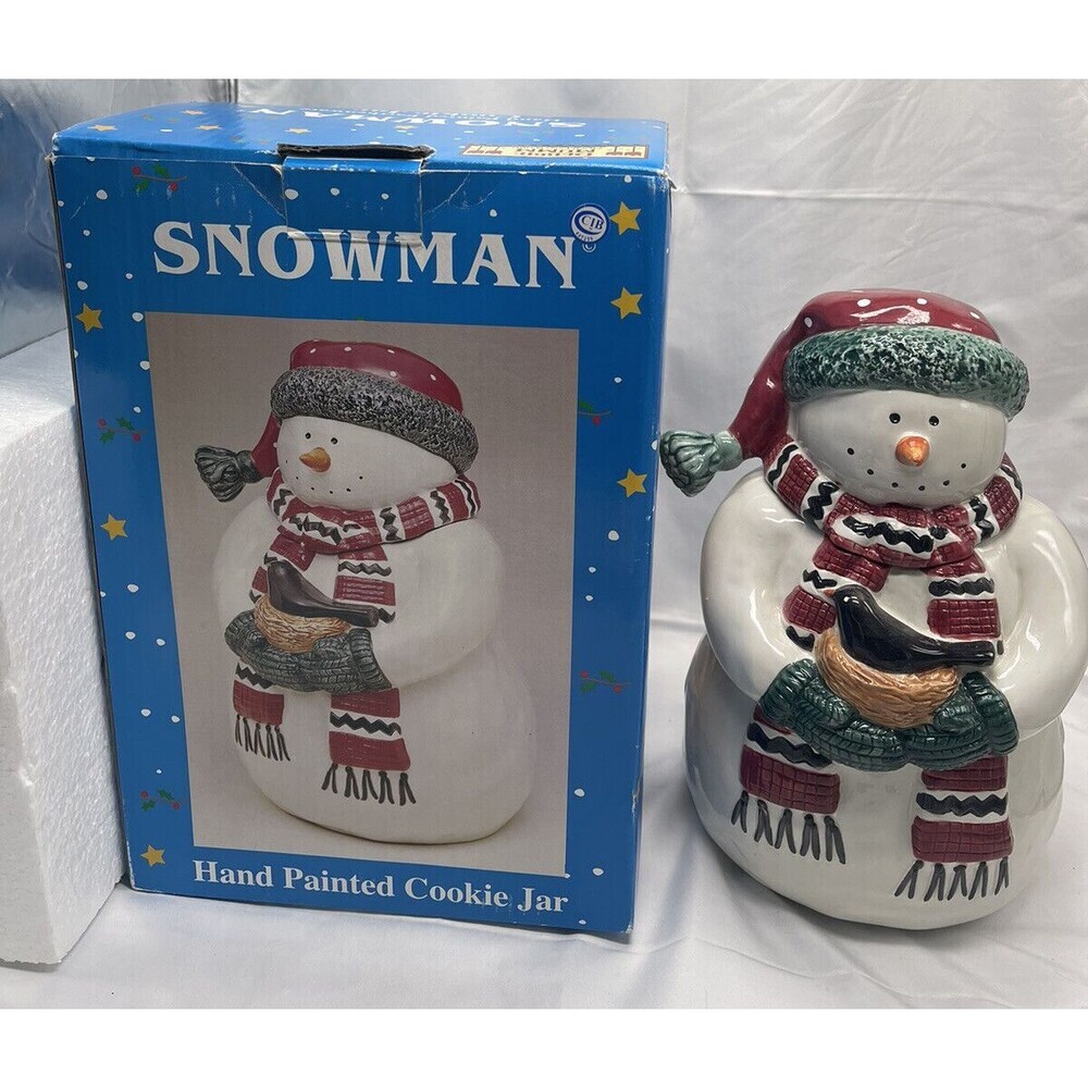 Sakura Debbie Mumm Ceramic Collectible Snowman With Bird Cookie Jar With Box